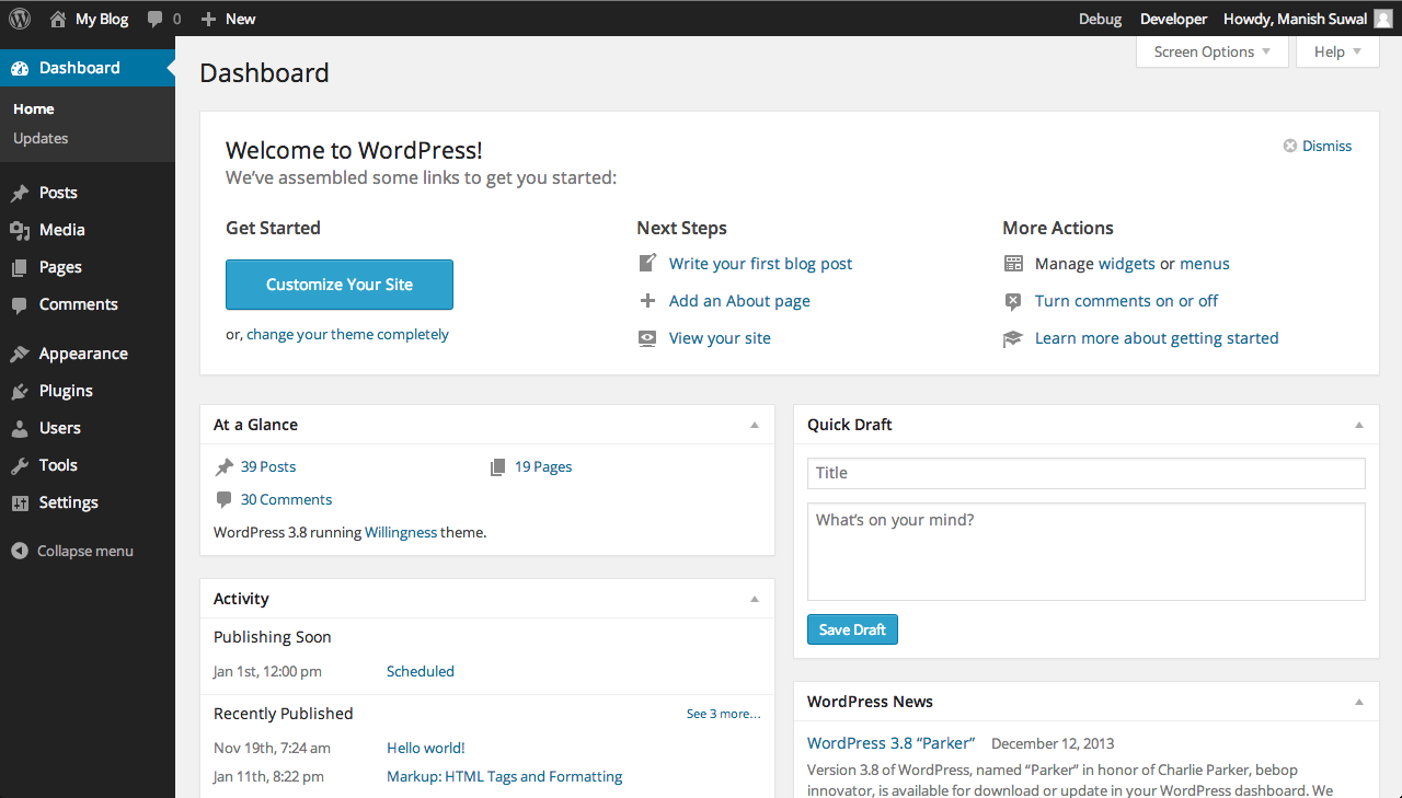 Dashboard WordPress 3.8