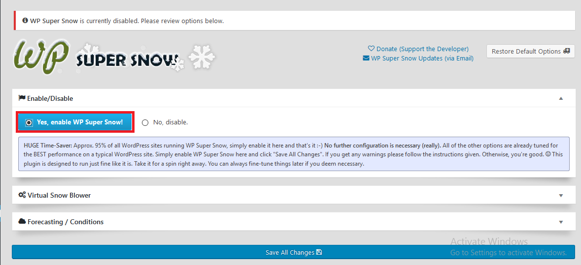 Super Snow settings page