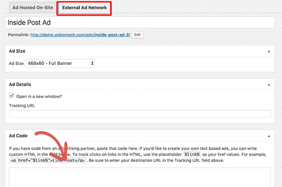 ad network code. Image Source: WP Beginner