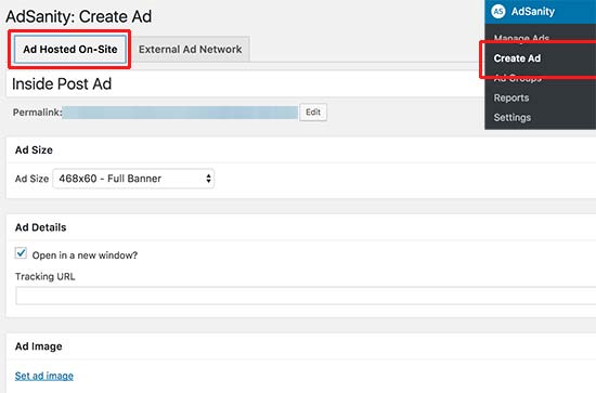 create hosted ad. Image Source: WP Beginner