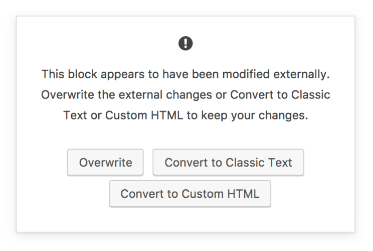  convert a single block to an HTML block when Gutenberg detects conflicting content. 