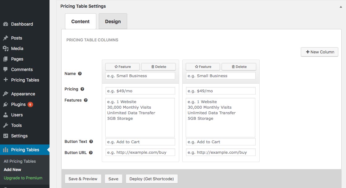 Pricing Table Columns.