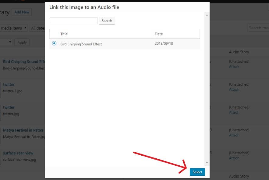 select the audio file popup