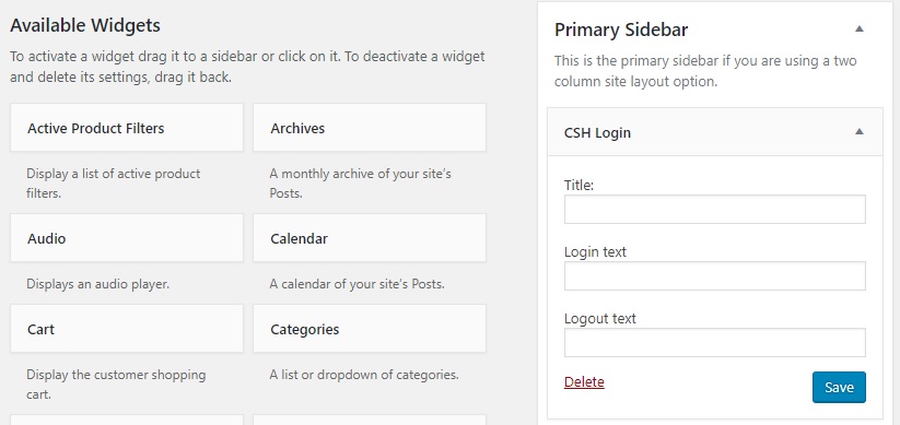 drag and drop the csh login widget