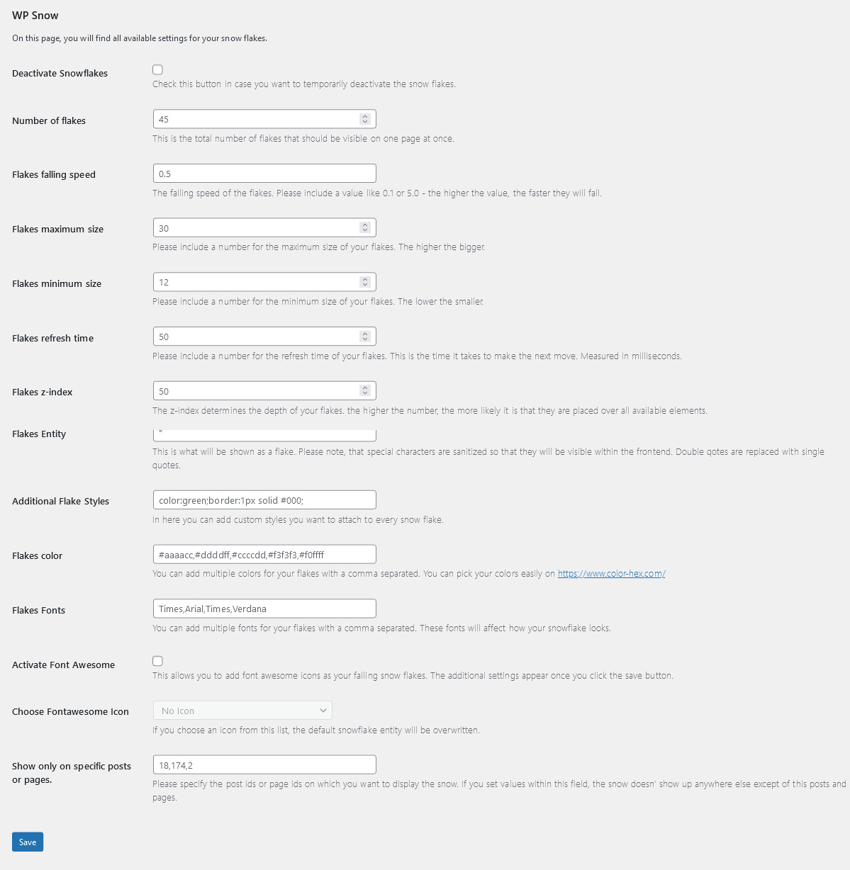 WP Snow Plugin Settings page